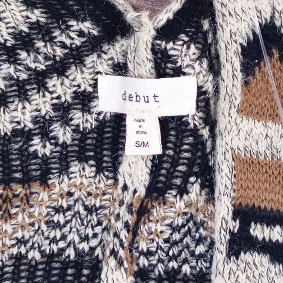 Debut Aztec Boho Poncho Cardigan Women's Sweater Size S/M Brown Black White - Picture 6 of 7